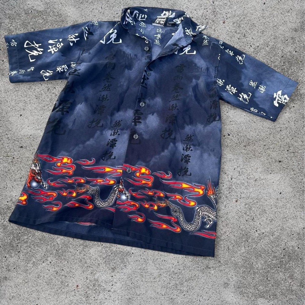 Youth Vintage Y2K Dragon Flame Button Up Shirt Black‎ Red Medium 10 12 Asian Art - Picture 2 of 4